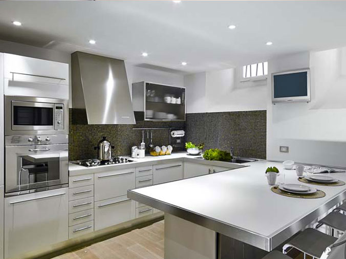 modern kitchen with stainless steel appliances and large stainless oven hood
