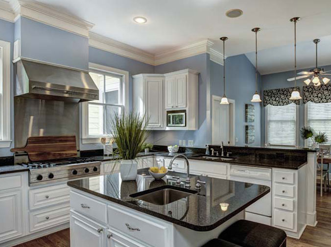 kitchen with black stone countertops and stainless appliances