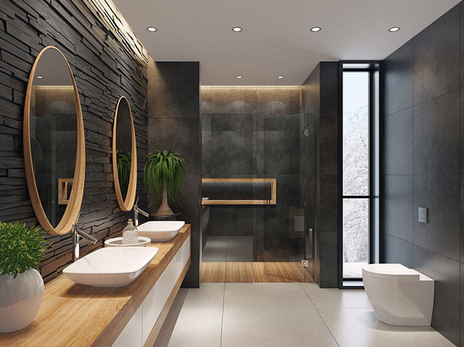 Bathroom with dual sinks and wall mounted toilet